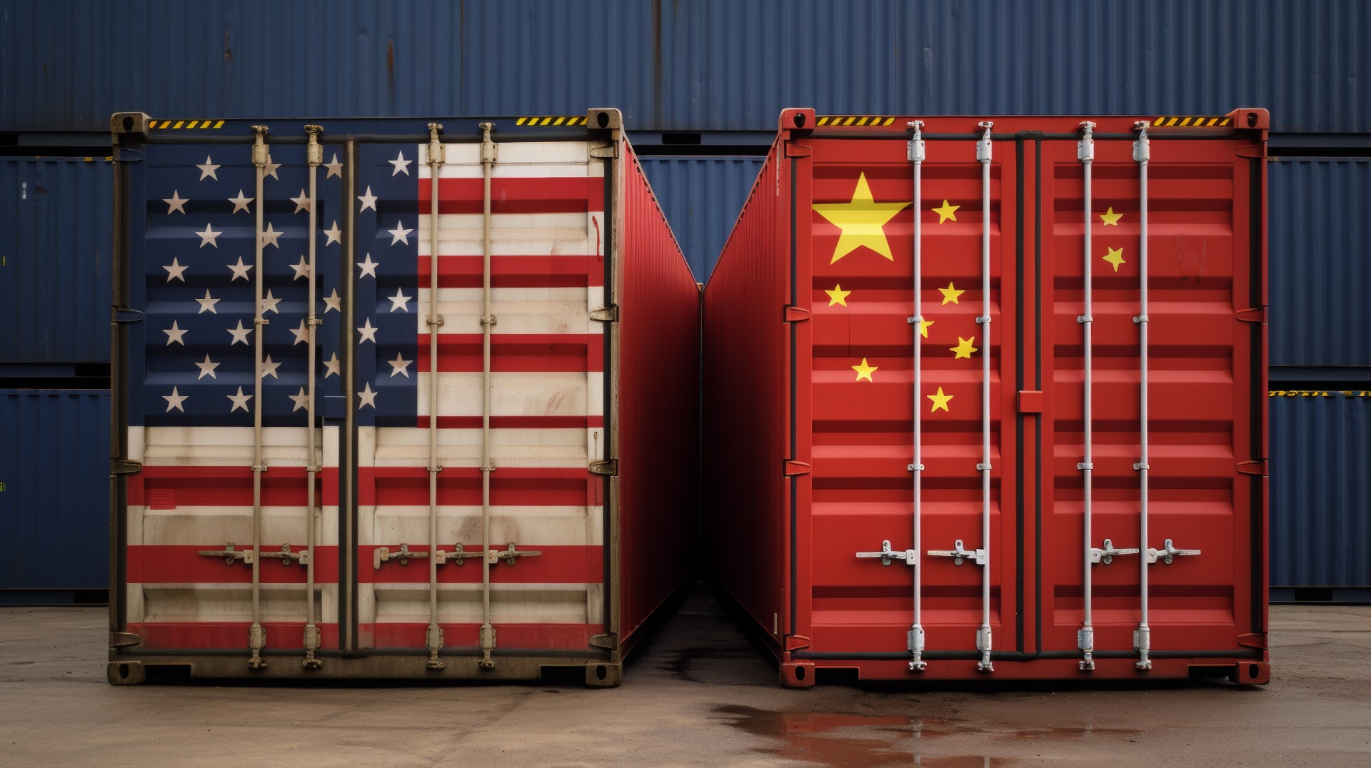 Two shipping containers side by side. One painted with the American flag, the other painted with the Chinese flag