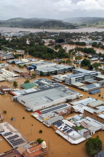 A road traffic sign flooded underwater