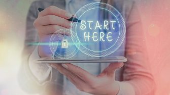 Text sign showing Start Here. Business photo showcasing an act of pointing a location or portion on where to start Graphics padlock for web data information security application system