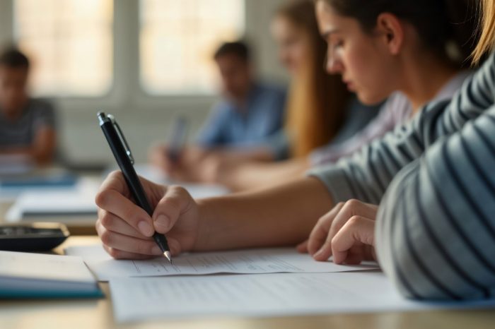 Students concentrate on educational admission test. Focused young people in classroom take test. Actively write answers with pens. Students in university class. Focused writing diligently. Exam