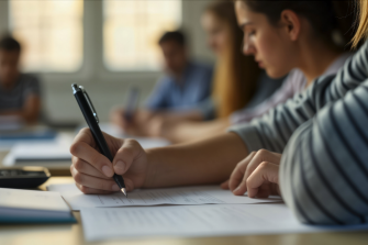 Students concentrate on educational admission test. Focused young people in classroom take test. Actively write answers with pens. Students in university class. Focused writing diligently. Exam