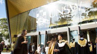 Students happy at graduation in front of the Clancy theatre