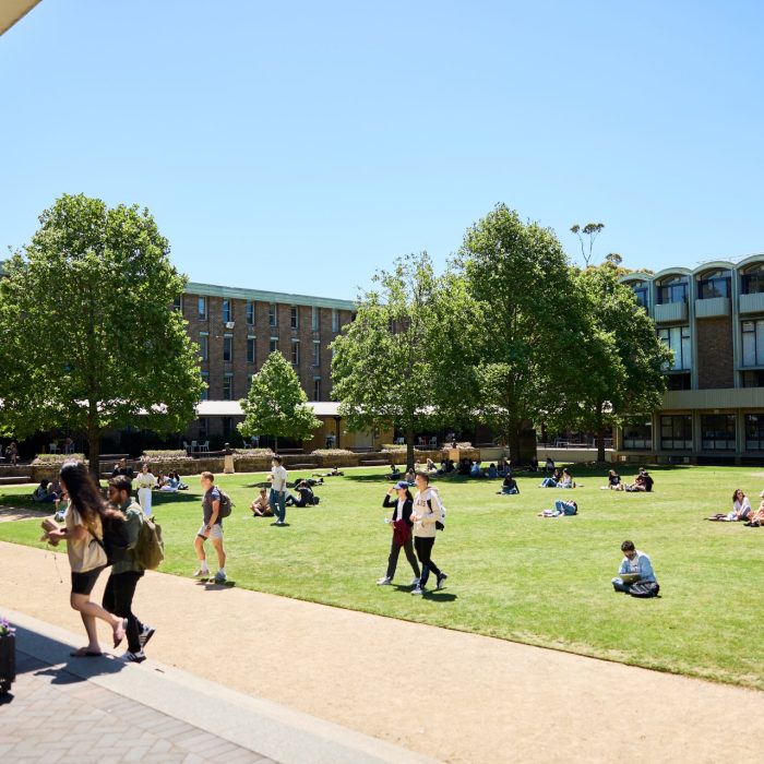 Students relaxing on Library lawn at Kensington UNSW.