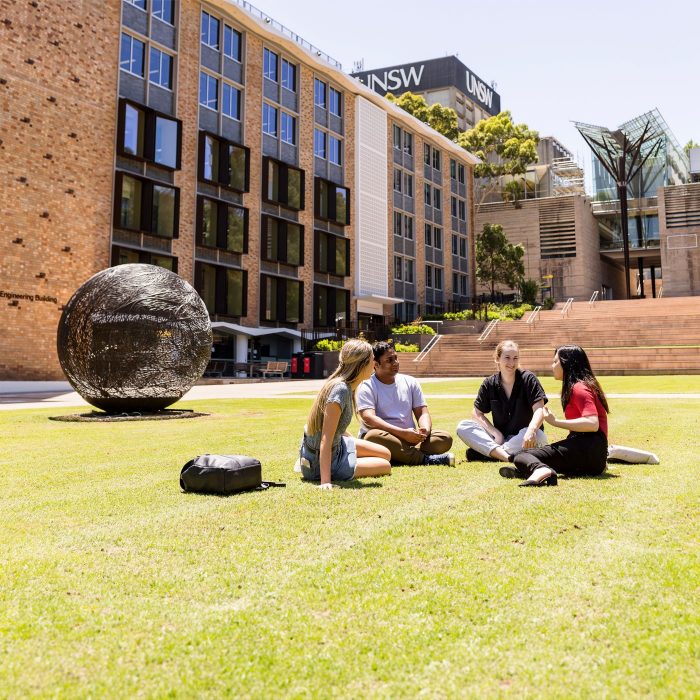Photo of students chatting on lawn at UNSW Kensington campus