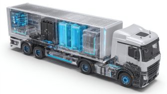 A digital rendering of a futuristic electric truck showcasing a transparent view of its interior components. The image highlights advanced technology with visible battery cells and electrical systems within the truck's structure.
