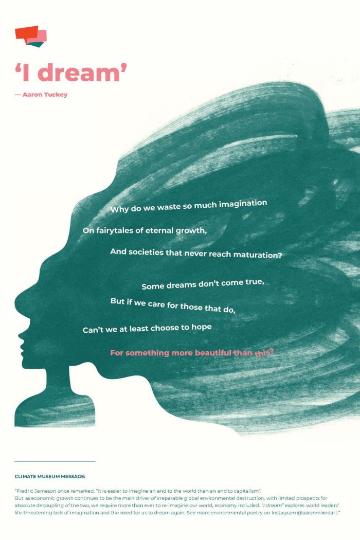 Exhibition poster with an extract from the 'I dream' poem
