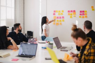 Young woman working with coloured sticky notes on board while colleagues look on from large meeting table