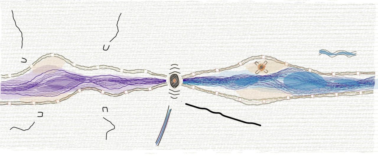 Illustration created by Architect Craig Kerslake telling the story of first settlers encountering the river and seeing it as getting in thier way.