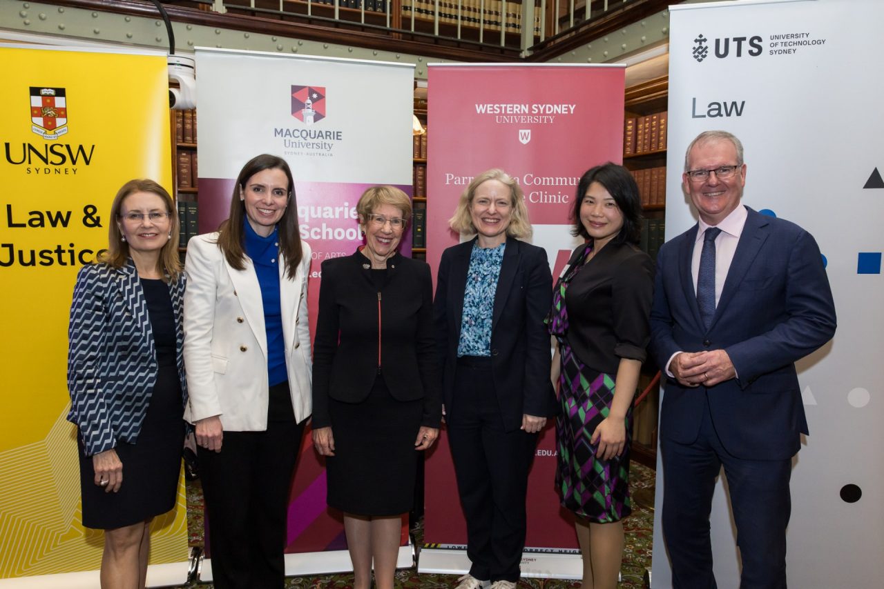 NSW’s first female Attorney General Gabrielle Upton, NSW Minister for Finance Courtney Houssos, Governor of NSW Margaret Beazley, Professor Verity Firth AM, Professor Mimi Zou and NSW Attorney General Michael Daley at The Next 100 Years of Women in Law event.