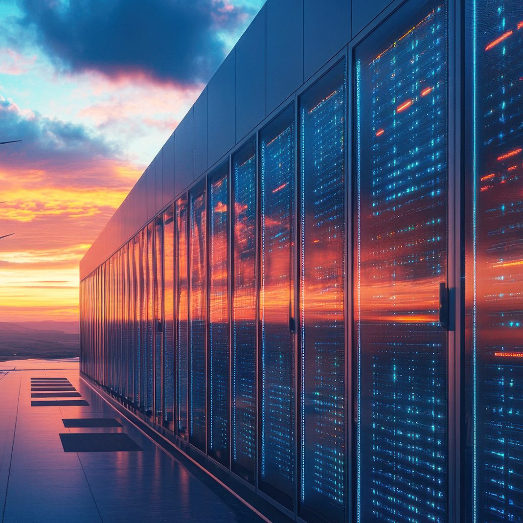 Futuristic sustainable data centre with wind turbines at sunset